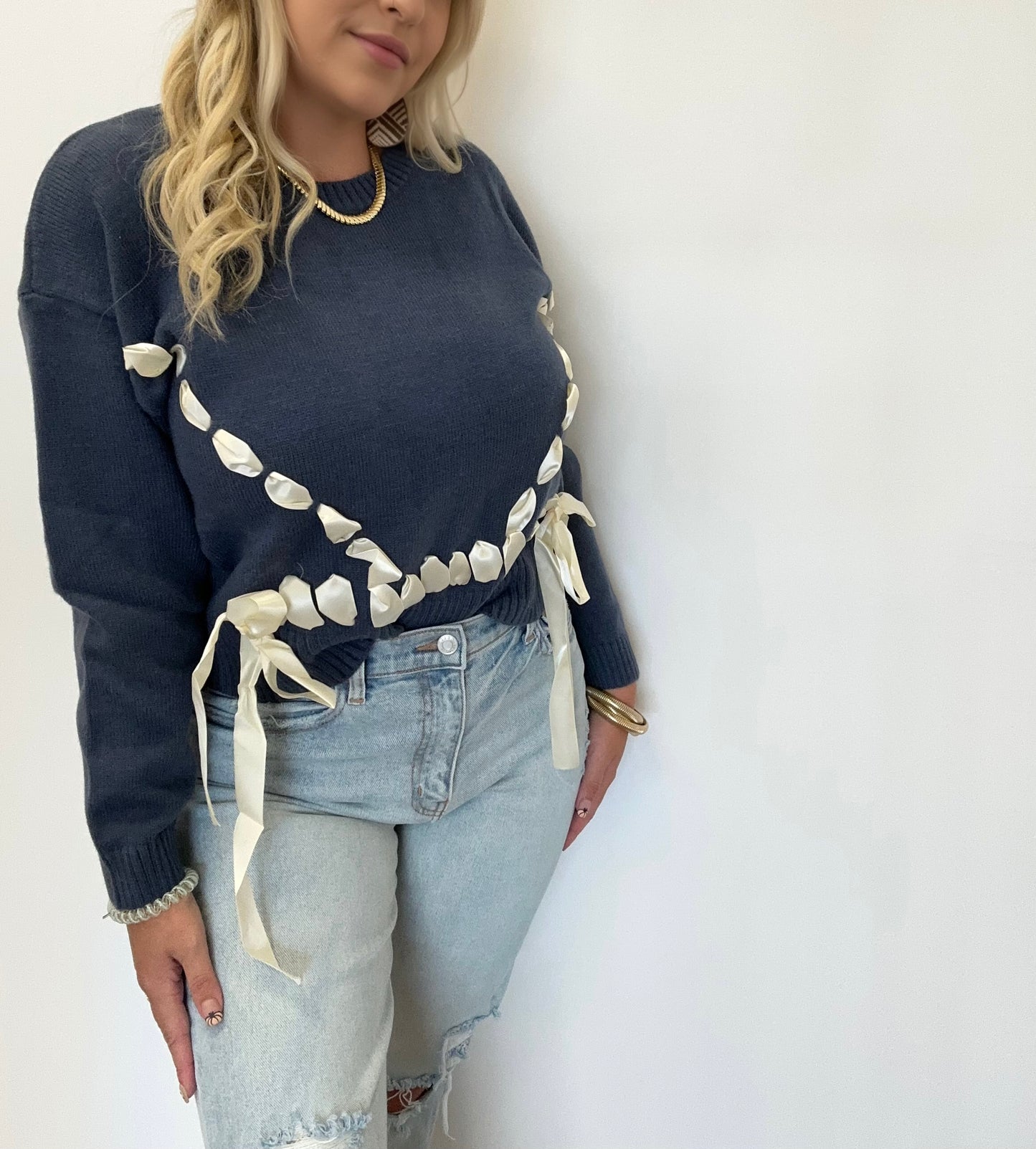 Navy Ribbon Sweater