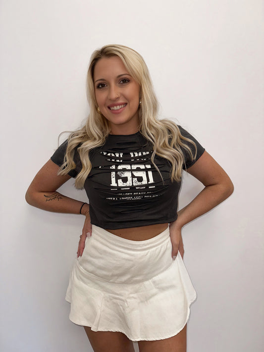 Grey 1991 Distressed Crop Top