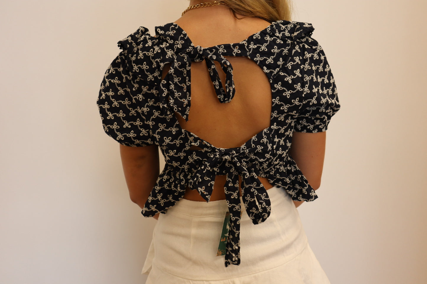 Navy Tie Back Top with Bows