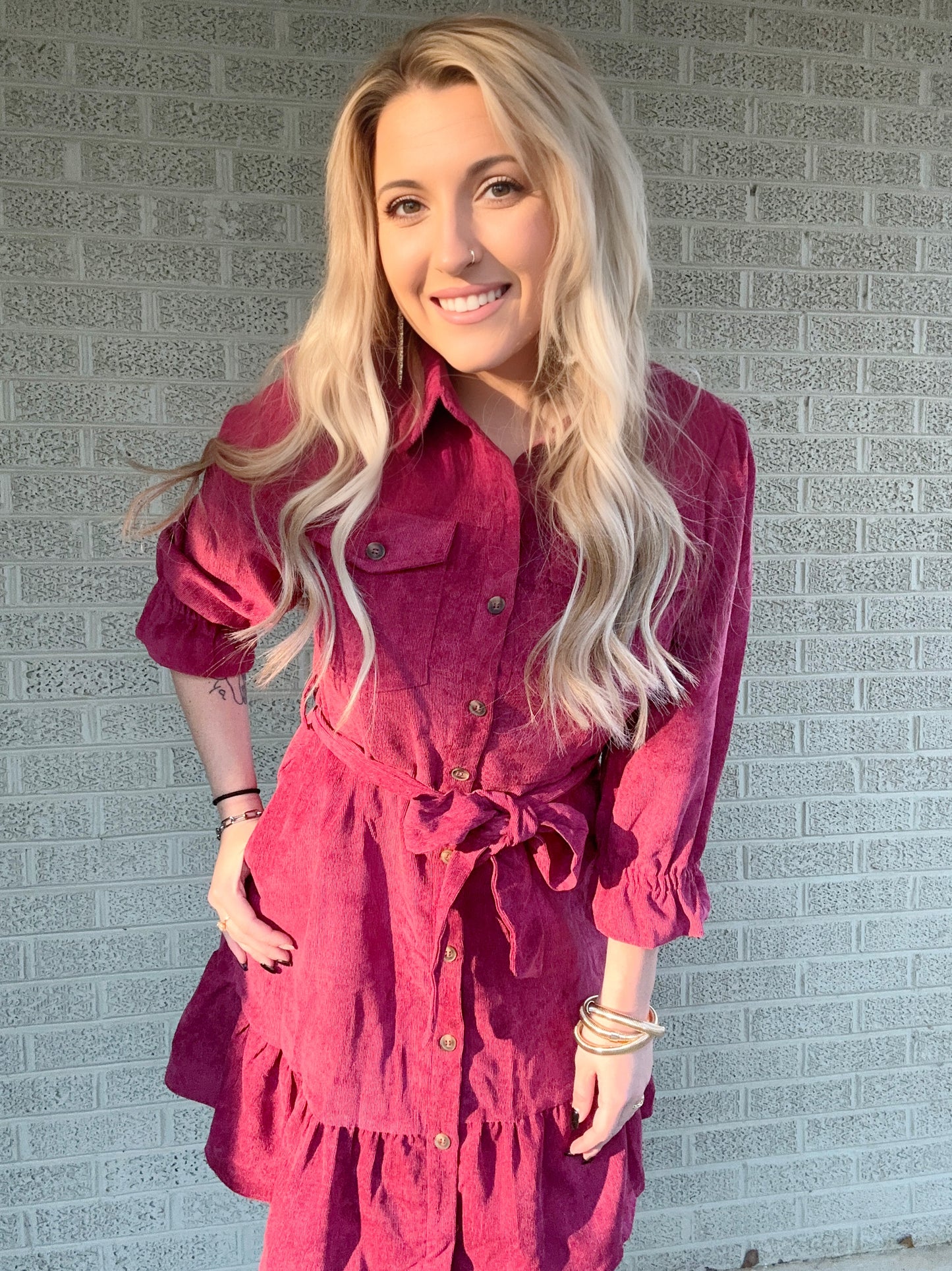 Red Dahlia Collared Buttons Front Ruffled Hem Shirt Corduroy Dress