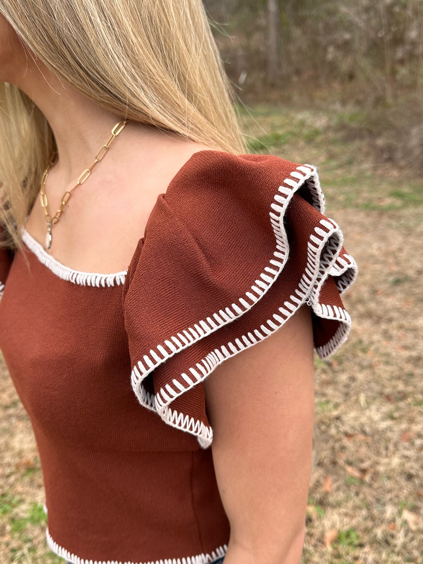 Whimsical Woodland Embroidered Ruffle Knit Top